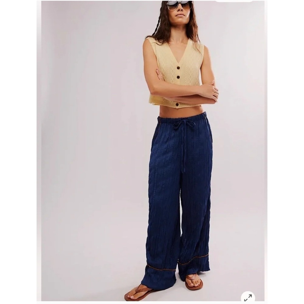 Free People All Out Satin Pants Womens Medium Blue Wide Leg Slouchy Baggy Boho